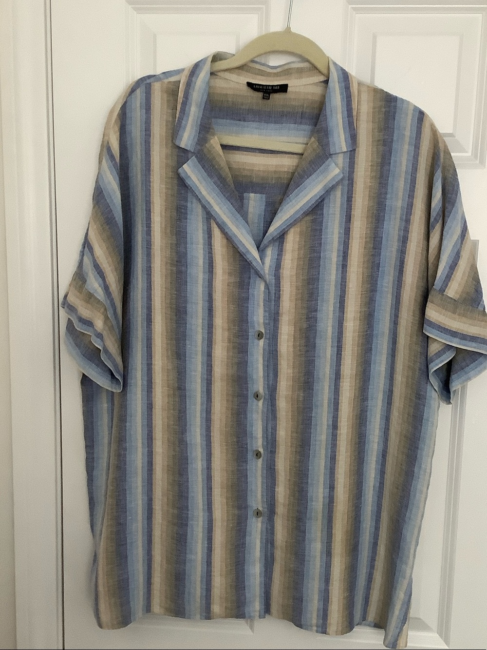 Lafayette 148 New York Blue, Tan & Cream Striped Camp-Collar Button-Down